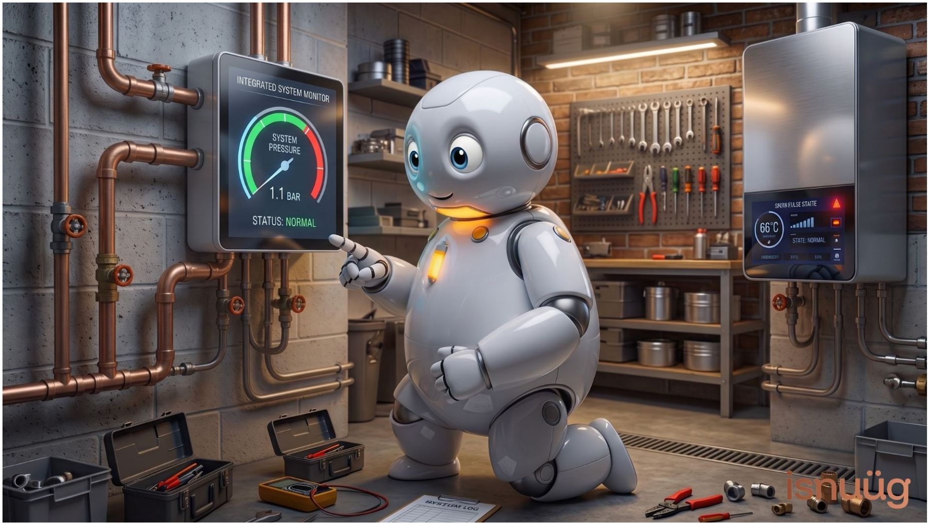 isnuüg assistant robot pointing at a heating system monitor showing 1.1 bar and a normal status