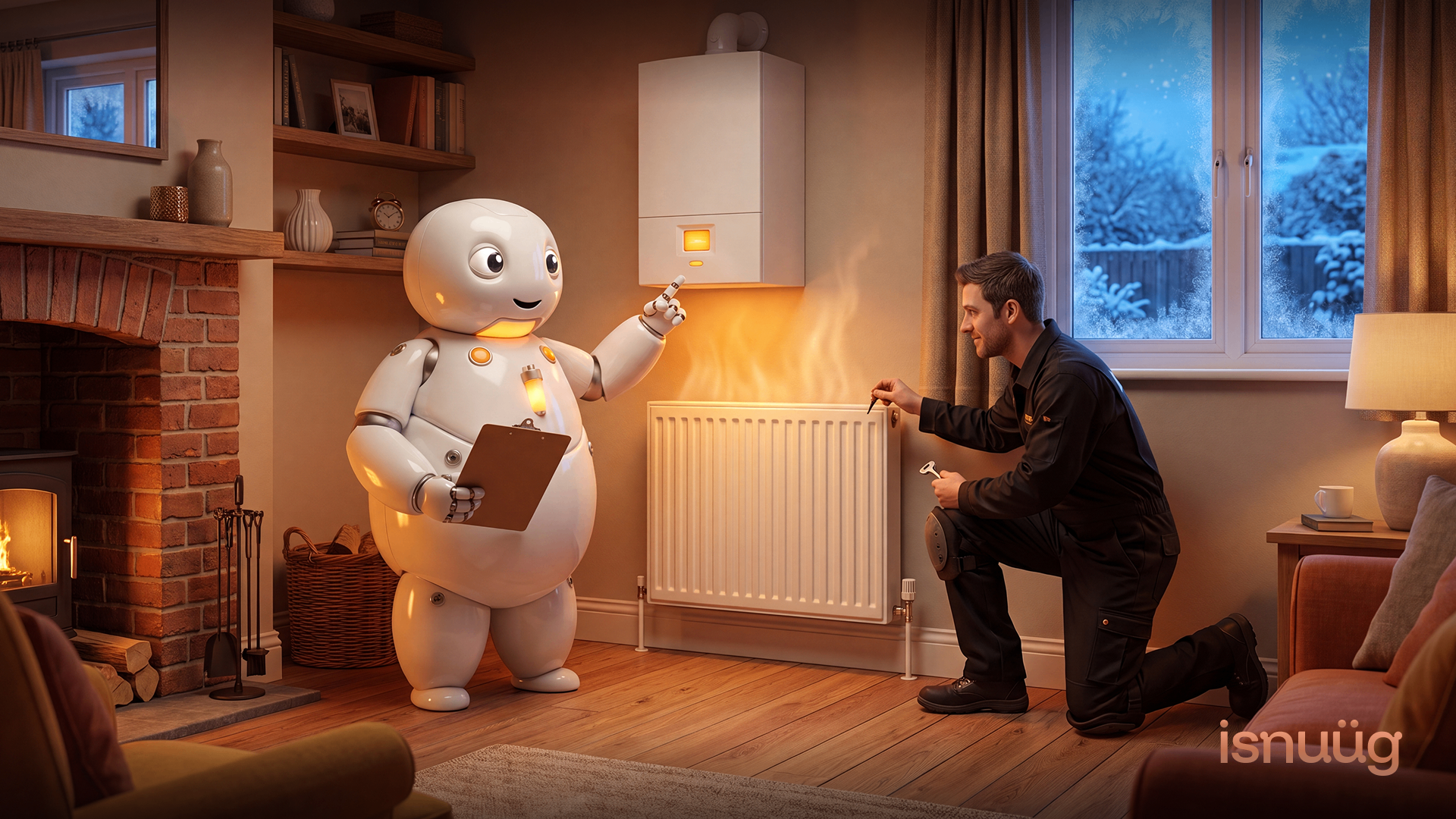 Engineer inspecting a radiator with a friendly assistant robot