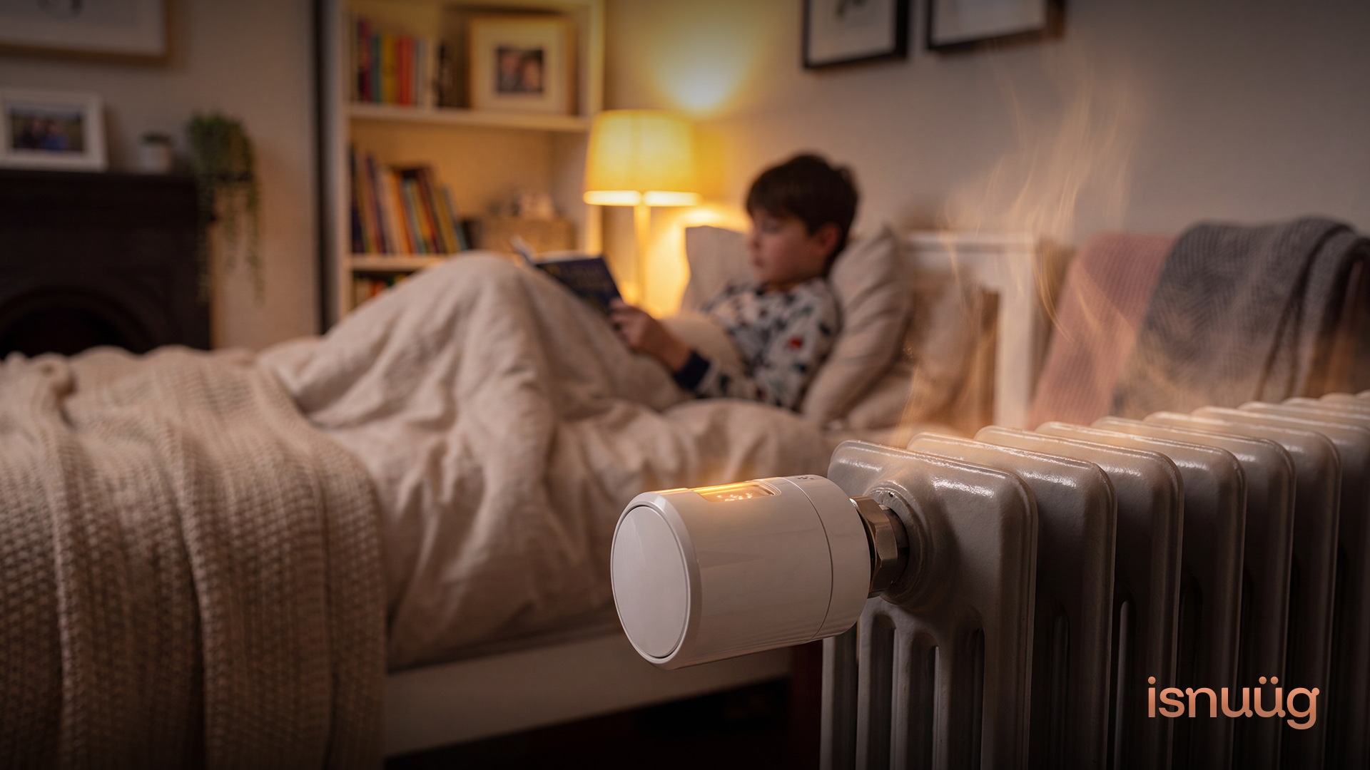 Grandparent and child enjoying a warm living room on a snowy evening
