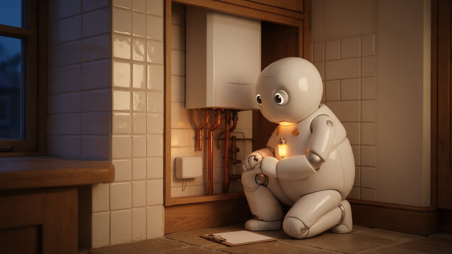 The isnuüg robot mascot kneeling at an open boiler cupboard, checking the pipework and a small receiver box on the wall beside the boiler.