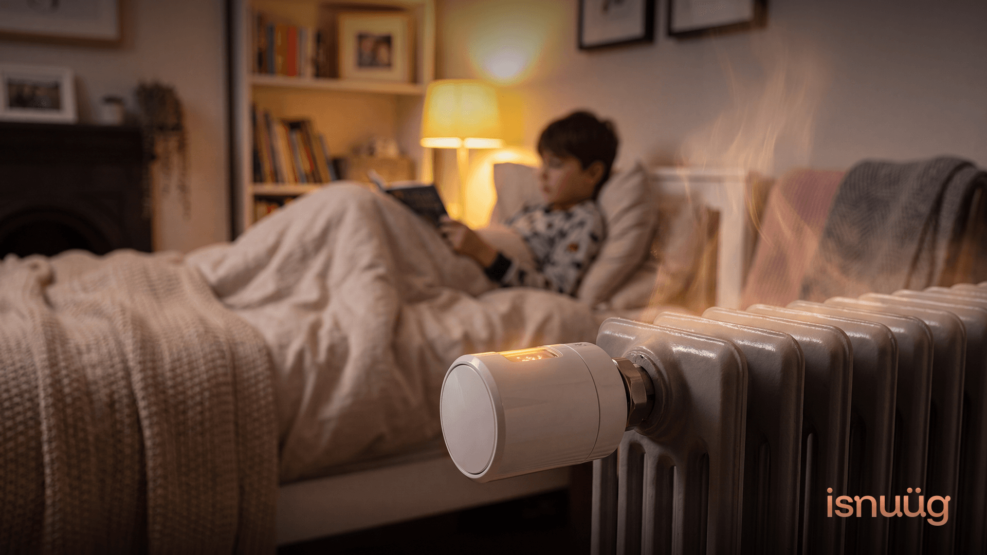 Grandparent and child enjoying a warm living room on a snowy evening