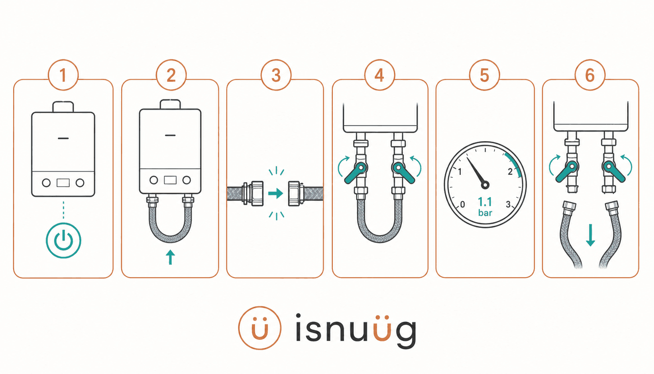 Six-step diagram: turn off the boiler, locate the filling loop, attach it, open the valves, watch the gauge reach 1 to 1.5 bar, then close and disconnect.