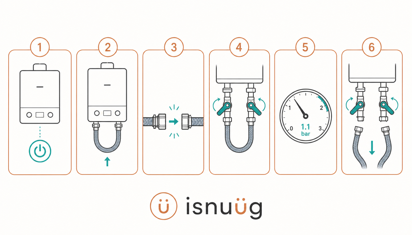 Six-step diagram: turn off the boiler, locate the filling loop, attach it, open the valves, watch the gauge reach 1 to 1.5 bar, then close and disconnect.